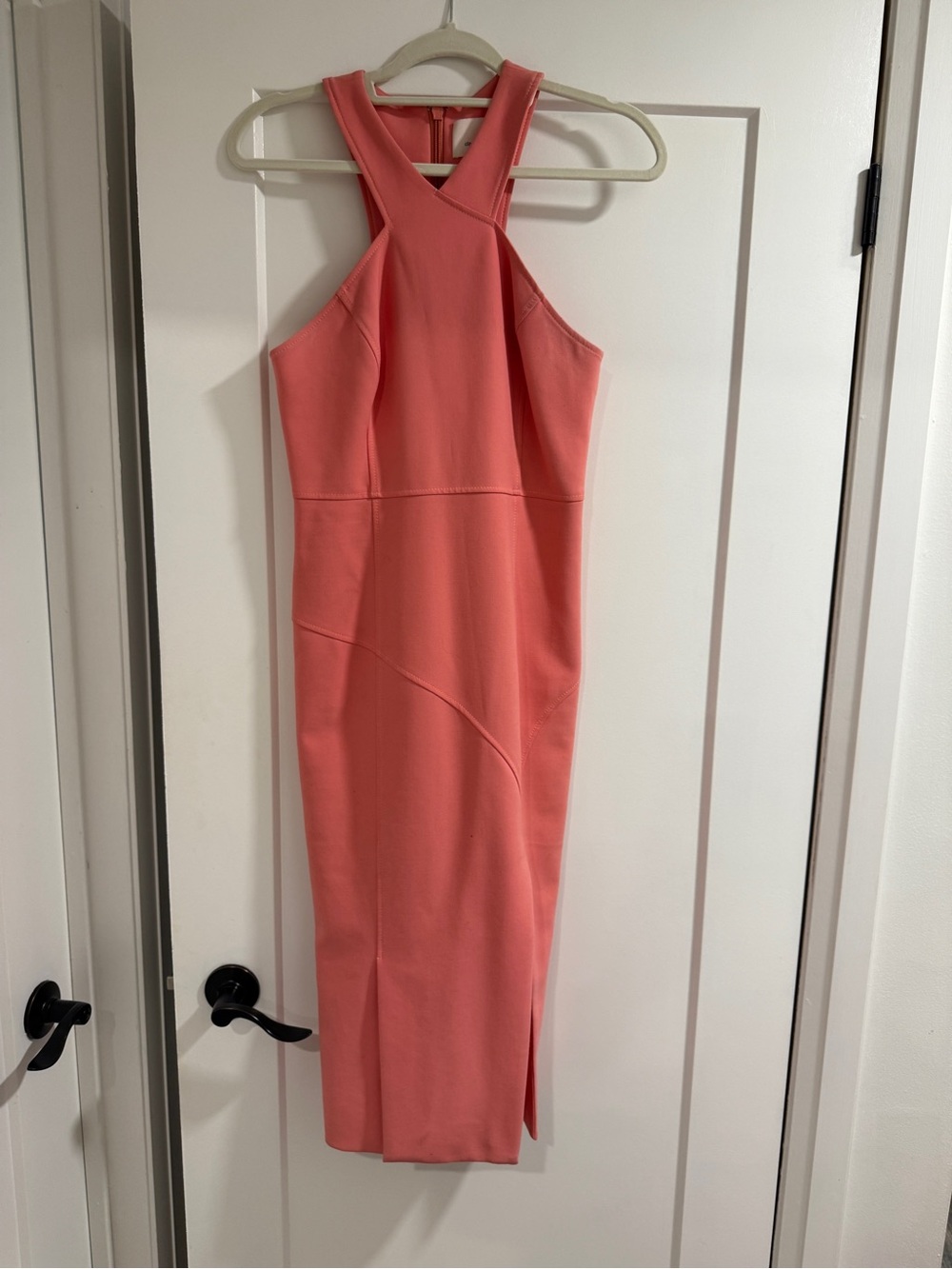 Coral Halter Midi Dress - Women's Elegant Fitted Sheath
